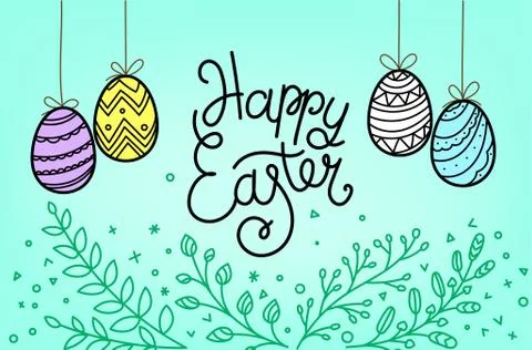 Happy Easter lettering inscription. Easter eggs in doodle style Stock-Illustration
