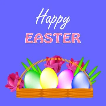 Happy easter lettering, multi-colored eggs and tulip flowers with green leaves Stock Illustration