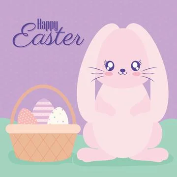 Happy easter lettering, one basket full of easter eggs and one pink rabbit Stock Illustration