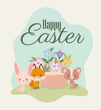 Happy easter lettering with one cute pink bunny, fox, bear and one basket full Stock Illustration