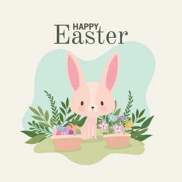 Happy easter lettering with one cute pink bunny and one basket full of easter Stock Illustration