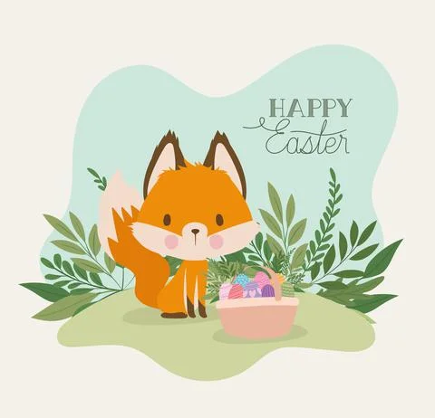 Happy easter lettering with one cute fox and one basket full of easter eggs Stock Illustration