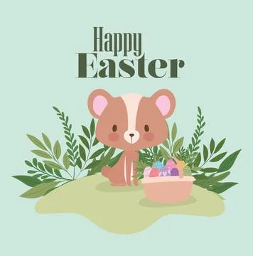 Happy easter lettering with one cute bear and one basket full of easter eggs Stock Illustration
