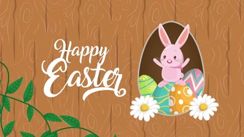 Happy easter lettering with pink rabbit and decorated eggs in hollow tree t.. Stock Footage 334541797