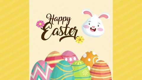 Happy easter lettering with rabbit and eggs in motion, dynamic and colorful.. Stock Footage 333289963