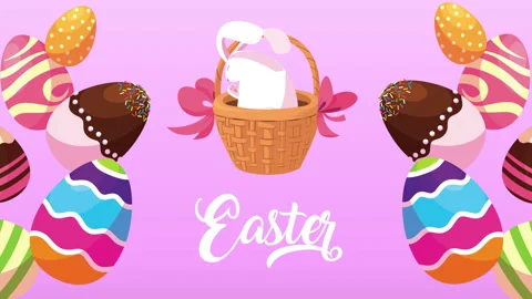 Happy easter lettering with rabbit in basket and eggs painted Stock Footage 150177342