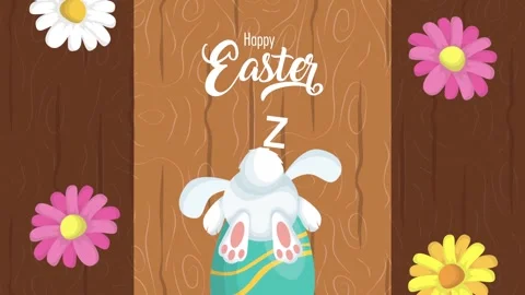 Happy easter lettering with rabbit in egg and flowers motion, holiday greet.. Stock Footage 334541629