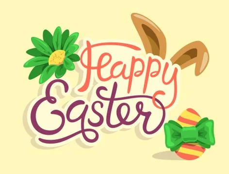 Happy Easter Lettering with Rabbit Egg and Flower Isolated on Yellow Stock Illustration