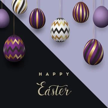 Happy Easter lettering with realistic looking purple gold eggs. Geometric Stock Illustration
