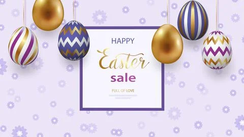 Happy Easter lettering with realistic looking purple golden eggs. Geometric Stock Illustration