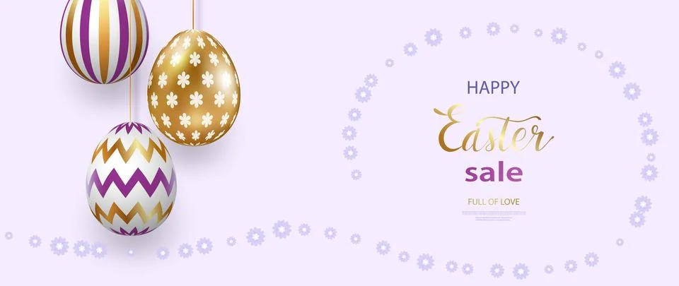 Happy Easter lettering with realistic looking purple golden eggs. Geometric Stock Illustration