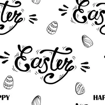 Happy Easter lettering on seamless background. Seamless pattern with eggs Stock Illustration