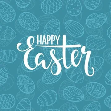 Happy Easter lettering on seamless background of doodle eggs. design for ho.. Stockillustratie