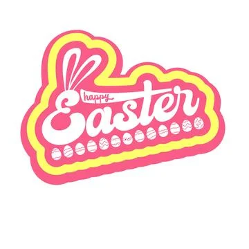 Happy Easter lettering sticker with bunny ears and tiny eggs. Pink and yellow Stock Illustration