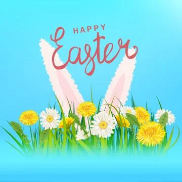 Happy Easter lettering template banner dandelions and bunny ears daisies, grass Illustrazione stock