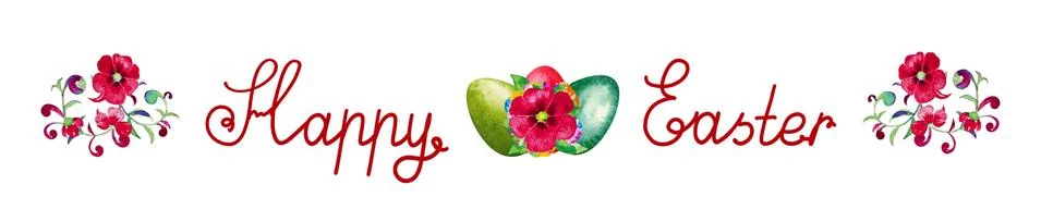 Happy Easter lettering text and flowers isolated on white background. Stock Illustration