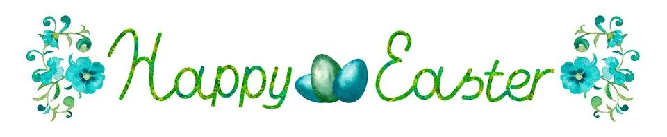 Happy Easter lettering text and flowers isolated on white background. Stock Illustration