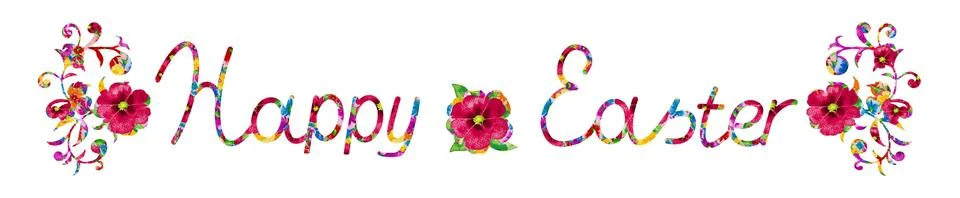 Happy Easter lettering text and flowers isolated on white background. イラスト素材
