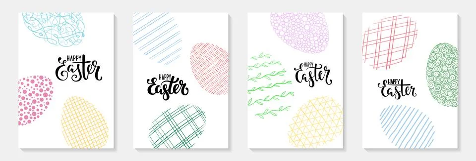 Happy Easter lettering on white background of doodle eggs. design for holiday 스톡 일러스트
