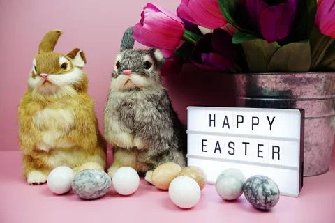 Happy Easter light box with easter element decoration on pink background Stock Photos