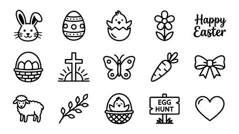 Happy Easter Line Icon Set with Christian Symbols Bunny Eggs and Spring Ele.. Stock Illustration