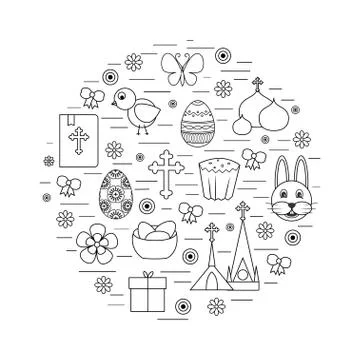Happy Easter Line Icons Set Circle Shape. Stock Illustration