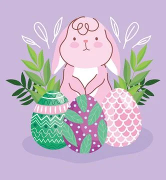 Happy easter little bunny with decorative eggs painting nature leaves Stock Illustration