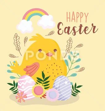 Happy easter little chicken eggs and flowers decoration rainbow Stock Illustration