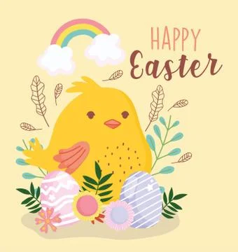 Happy easter little chicken eggs and flowers decoration rainbow Stock Illustration