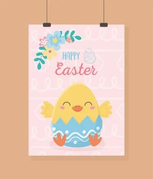Happy easter little chicken in eggshell flowers Stock Illustration