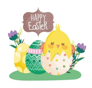 Happy easter little chicken in eggshell eggs flowers decorative banner Illustrazione stock