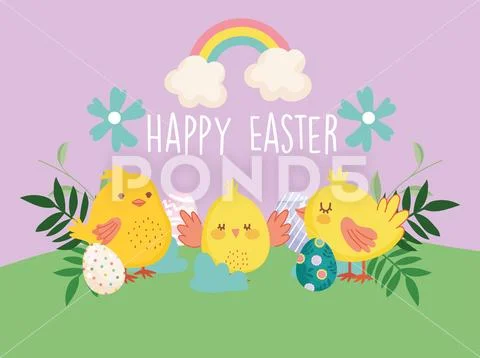 Happy easter little chickens eggs flowers in grass rainbow Stock Illustration