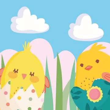 Happy easter little chickens in eggshells nature decoration Stock Illustration