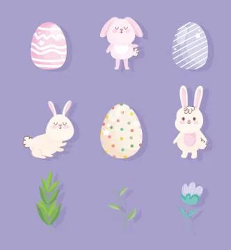 Happy easter little rabbits eggs flower icons Stock Illustration