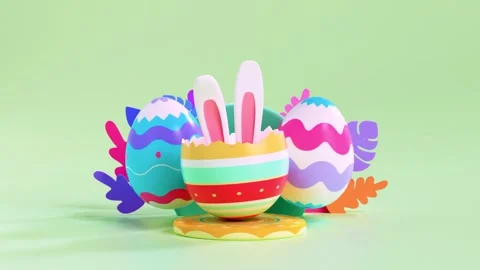 Happy Easter looping video for greetings with painted eggs and cute bunny e.. Stock Footage 303635490