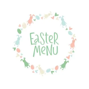 Happy Easter menu - rabbit, bunny minimalistic style with lettering sign and Stock Illustration