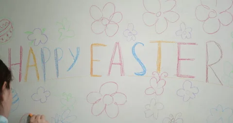 Happy Easter Message with Colorful Drawings on White Wall Video stock 297699963
