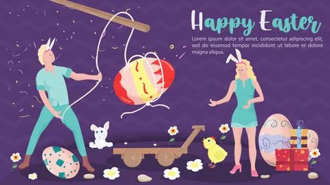 Happy Easter message greeting A guy puts a painted egg with a rope on a wheel Stock Illustration