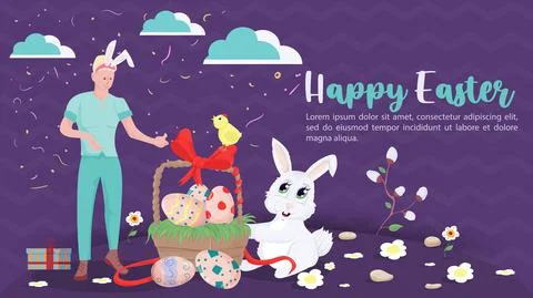 Happy Easter message greeting A guy stands next to a basket of colored eggs a Stock Illustration