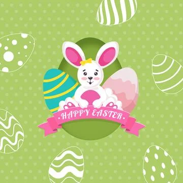Happy Easter Message Ribbon Holding Cute Bunny with Painted Eggs on Green B.. Stock Illustration