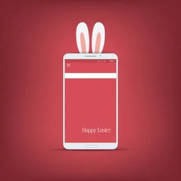 Happy easter message with smartphone. Bunny symbol ears on red background Illustrazione stock