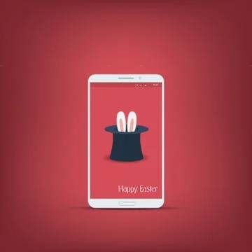 Happy easter message with smartphone. Bunny symbol ears on red background Stock Illustration