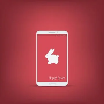 Happy easter message with smartphone. Bunny symbol ears on red background Stock Illustration