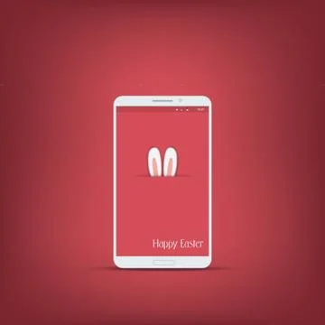 Happy easter message with smartphone. Bunny symbol ears on red background Stock Illustration