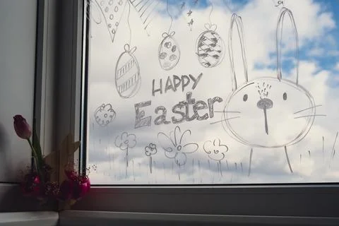 HAPPY EASTER message Zero cost responsible holiday decor economically driven Stock Photos