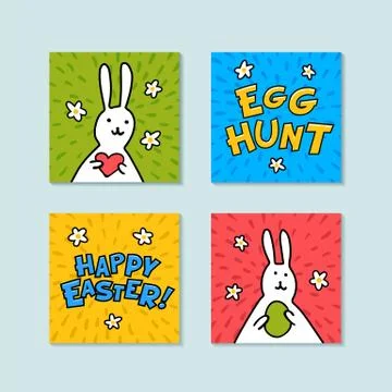 Happy Easter mini greeting cards. Egg hunt and happy easter inscriptions Stock Illustration