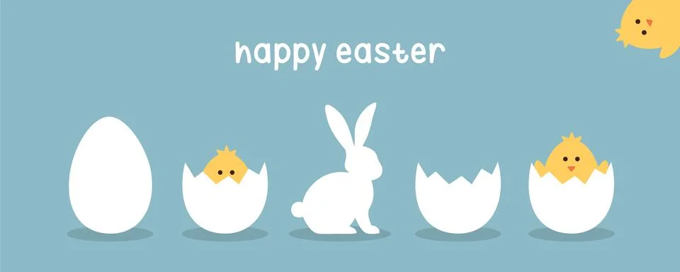 Happy easter minimal design with eggs bunny and little chick on blue background Stock Illustration