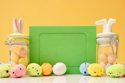 Happy Easter mockup card with eggs and bunnies Foto stock