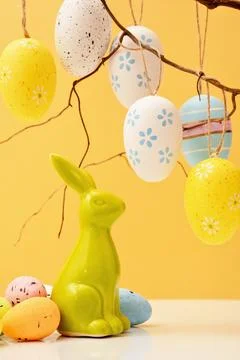Happy Easter mockup card with eggs and bunny Stock Photos