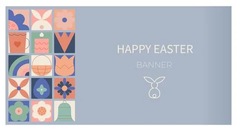 Happy Easter modern abstract geometric poster with bunny, flowers, banner Stock Illustration